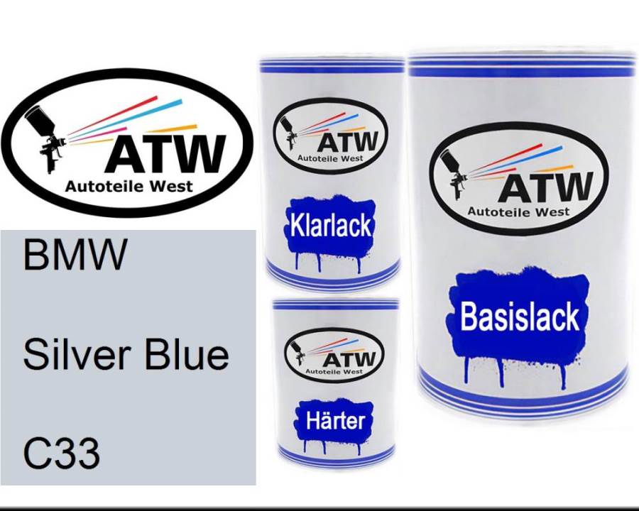 BMW, Silver Blue, C33: 500ml Lackdose + 500ml Klarlack + 250ml Härter - Set, von ATW Autoteile West.
